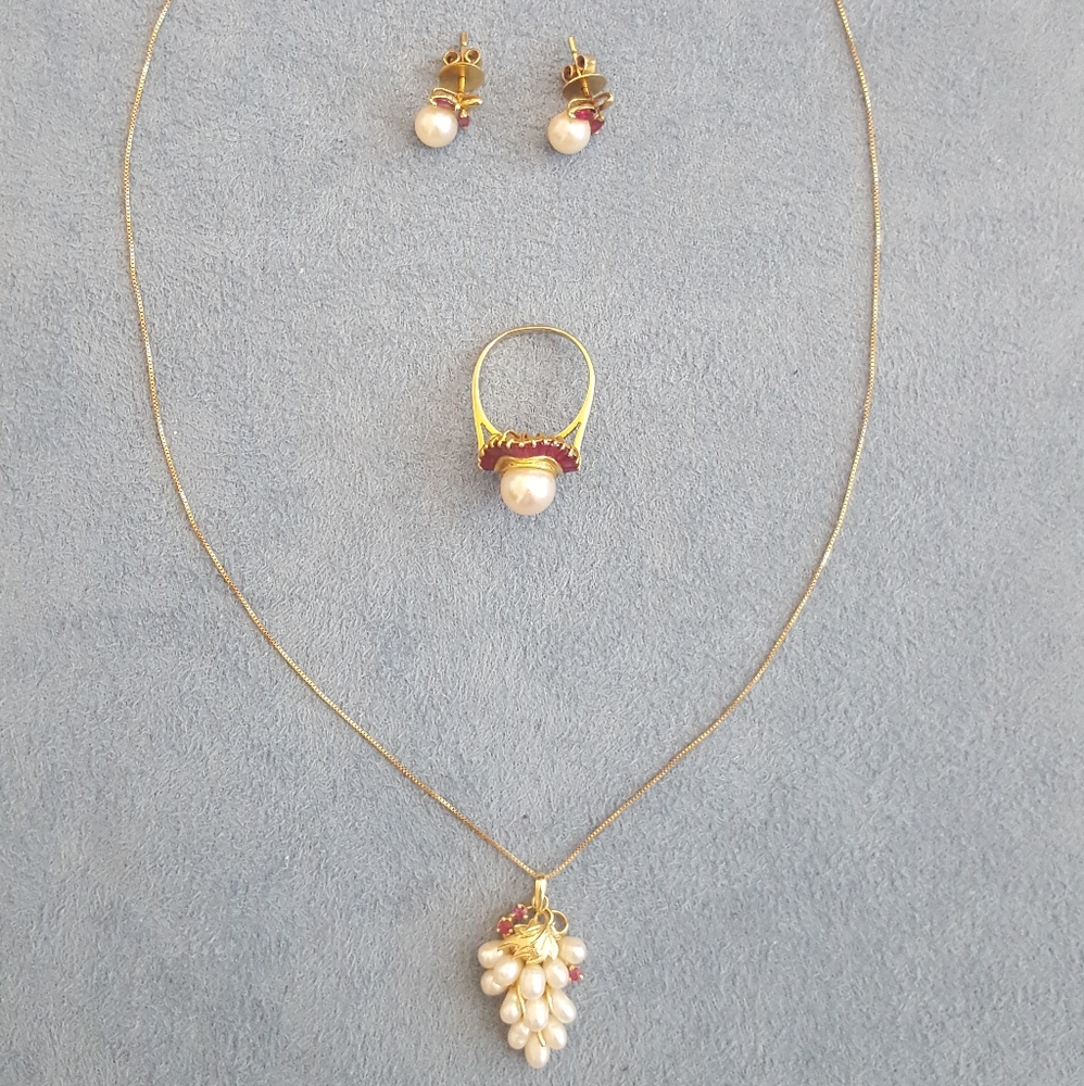 14k gold pearl ruby ring necklace earrings